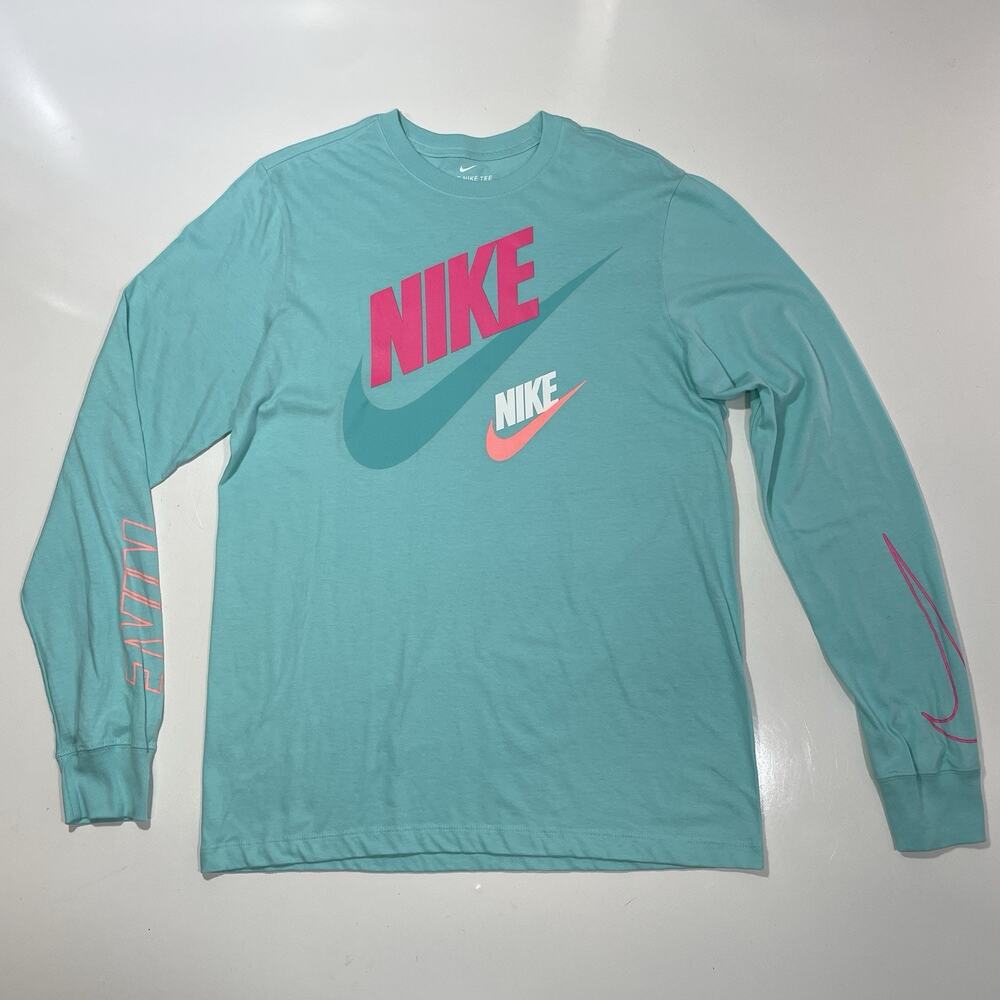 Nike Men’s 2 Futura Long Sleeve Athletic T-Shirt Teal Neon RARE Size Medium EUC